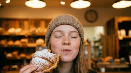 Happy young woman in beanie enjoying bite of fresh powdered croissant in warm bakery with cozy blurred background lighting for lifestyle