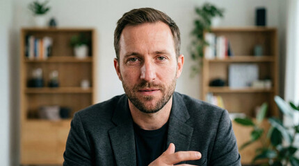 Professional mid adult man in grey blazer talking on webcam during remote business video call in modern home office setting