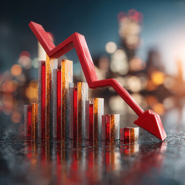 A red line with a downward arrow is on a table. Concept of decline or decrease