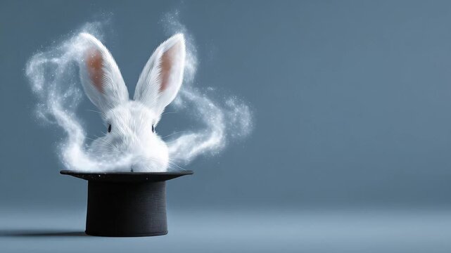 Magic rabbit appears from a black hat with sparkles in a light blue background during a magic show
