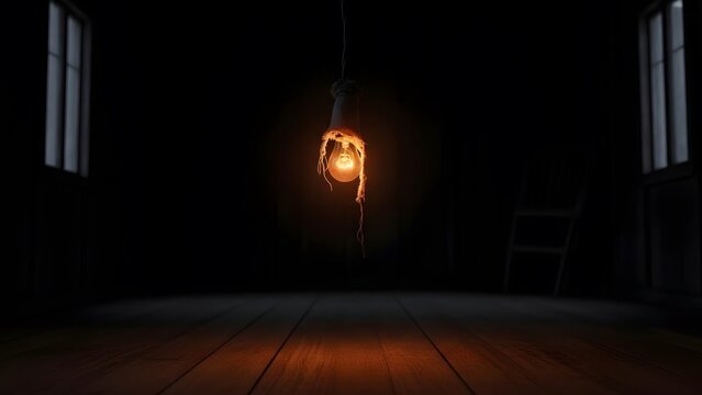 A single bare light bulb illuminates a dark, empty room with wooden floors and barred windows.