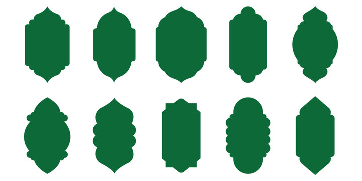 Old islamic window shapes vector set in oriental style. green silhouette eid mubarak decorative arches, mosque borders or moroccan gates. Perfect for Eid, Ramadan, Diwali, and festive invitations.