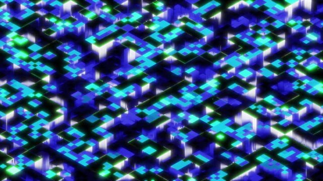 Futuristic isometric glitch mosaic pattern loop with pixel sorting effect. Glowing blue, green, purple grid.