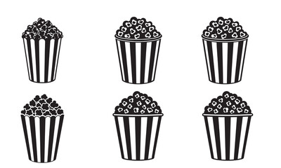 Collection of six black and white vector icons of popcorn buckets with striped patterns, isolated on white.
