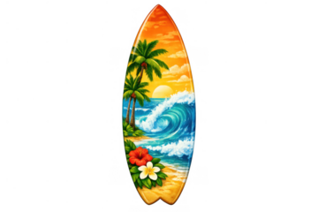 Surfboard with tropical beach sunset scene, ocean wave, palm trees, and hibiscus flowers, summer beach vacation concept