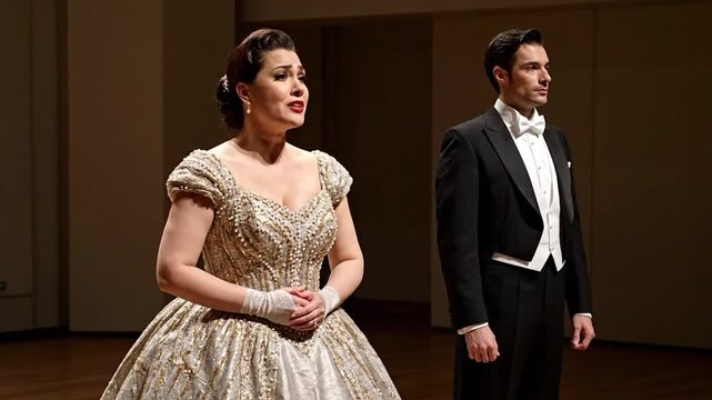 Opera singers, a woman in a beaded gown and a man in a tuxedo, perform on stage
