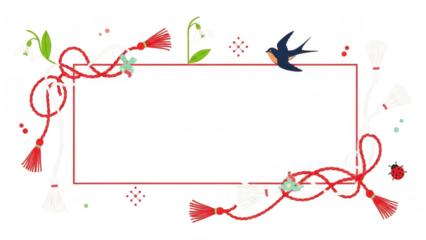 Springtime frame with Martenitsa, snowdrops, and swallow, isolated on transparent background.