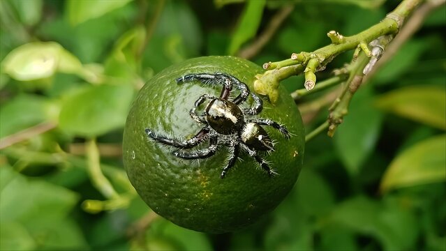 Jumping Spider on Green Fruit in Garden