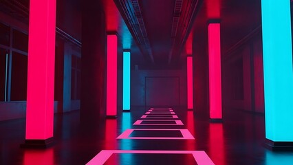 Futuristic corridor with pink and blue neon lights and white lines on dark floor hallway