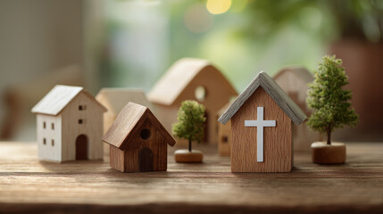 Miniature house wooden church white cross small home rustic village cozy community wooden tree natural decor soft light tranquil scene wooden