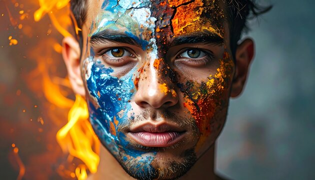 A man's face painted with vibrant colors and flames