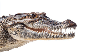 Obraz premium Crocodile head profile, animal reptile predator, open mouth tooth, dangerous wildlife, isolated white background, studio macro detail