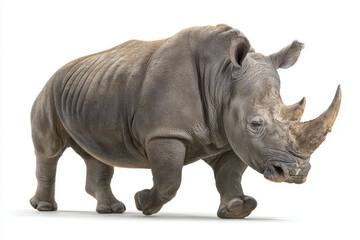 Obraz premium Rhinoceros white background wild animal large mammal horn strength wildlife conservation safari powerful pose rhinoceros walking confidently