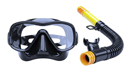 Black Diving Mask and Yellow Snorkel on White Background
