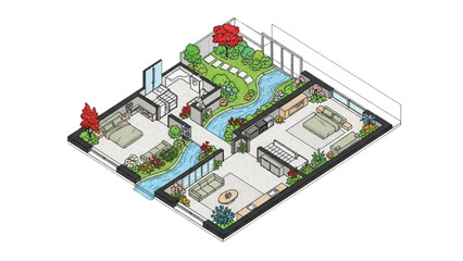 High-quality black continuous line art of an isometric green home floor plan with indoor-outdoor spatial continuity, colorful garden and water path, sustainable architecture illustration