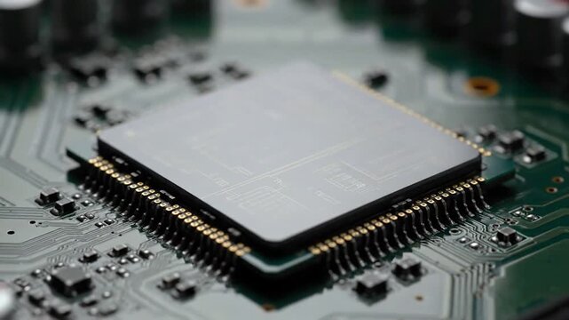 Closeup of a black central processing unit on a green circuit board