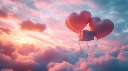 Fototapeta premium A Box flying on a parachute with pink cloud in valentine day,package flying down from sky and cloud with parachute, concept for delivery service,shopping online,air delivery service.
