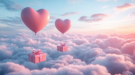 Fototapeta premium A Box flying on a parachute with pink cloud in valentine day,package flying down from sky and cloud with parachute, concept for delivery service,shopping online,air delivery service.