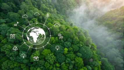 Aerial View of Lush Green Forest with Global Sustainability Icons and Earth Graphic