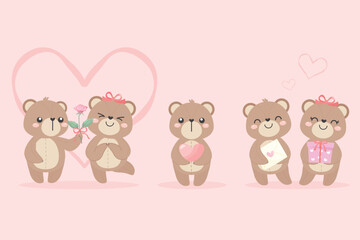 Obraz premium Cute teddy bear couple in love illustration set for Valentine.