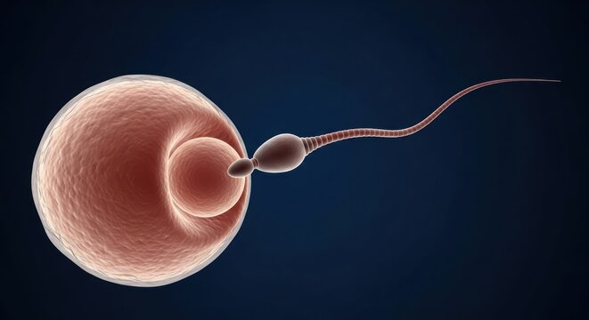 Human reproductive fertilization featuring microscopic sperm cell, and ovum cell illustration