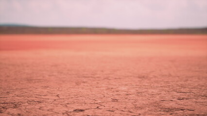 A wide landscape showcases cracked, dry earth stretching far into the distance. The soft pink hues create a striking contrast against a bright sky, suggesting warmth and arid conditions. © icetray