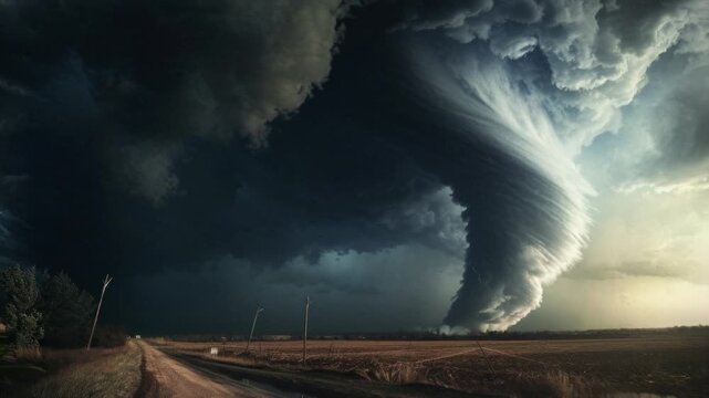 Dramatic wide-angle shot of a tornado in a rural landscape, capturing the raw power of nature, reminiscent of a storm-chasing video.