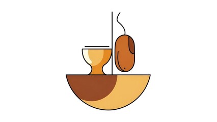 A minimalist illustration of a whisk and bowl with a cup, possibly used for cooking or baking, viewed from the side