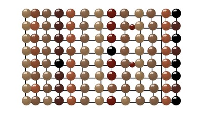 A grid pattern of multicolored spheres on a metallic framework viewed from directly above