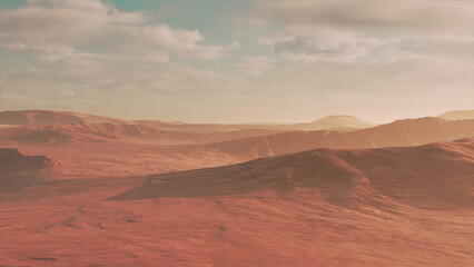 Fototapeta premium A stunning view of an expansive desert terrain with rolling hills and soft shadows. Gentle clouds drift overhead, while the warm sunlight creates an inviting atmosphere at dusk.