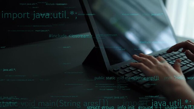 Close-up of hands typing on a laptop with code visible in the background, illustrating the essence of programming and modern technology in today digital workspace. Xenic