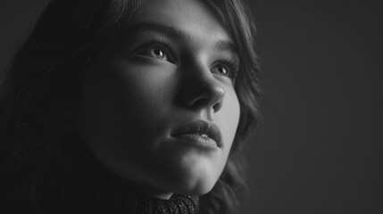 Fototapeta premium Minimalist studio portrait, desaturated tones, intimate mood, clean lines, soft shadows, subtle expression, timeless editorial feel