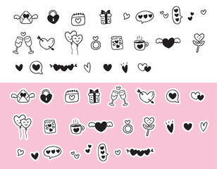 minimal valentine icon set with love hearts, gifts, speech bubbles and romantic symbols in hand-drawn black and white style with sticker variations on pink background