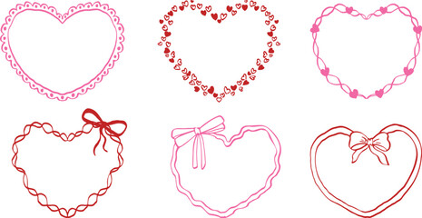 set of hand-drawn heart frames with bows, ribbons, scallops and tiny hearts in pink and red line art style for valentine cards, wedding invitations and romantic designs