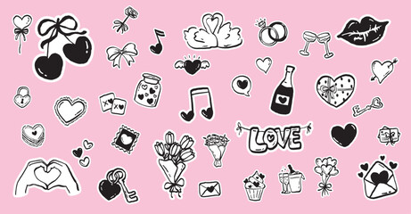 valentine doodle sticker set in black and white hand-drawn style with romantic elements like hearts, swans, rings and gifts on pink background for love-themed design projects