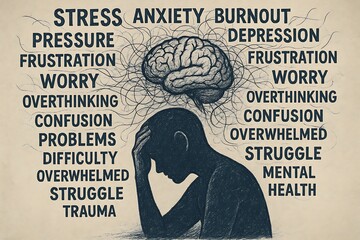 Silhouette of a suffering man surrounded by words like stress burnout and anxiety with a detailed brain illustration depicting various psychological struggles and mental health
