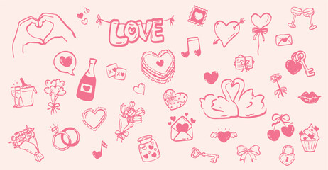 romantic valentine doodle set in pink hand-drawn style with hearts, swans, gifts, rings, roses and love icons on pastel background for cute holiday or wedding designs