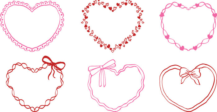 set of hand-drawn heart frames with bows, ribbons, scallops and tiny hearts in pink and red line art style for valentine cards, wedding invitations and romantic designs