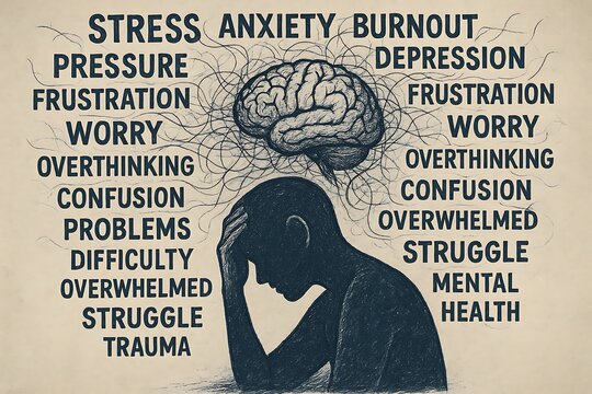 Silhouette of a suffering man surrounded by words like stress burnout and anxiety with a detailed brain illustration depicting various psychological struggles and mental health