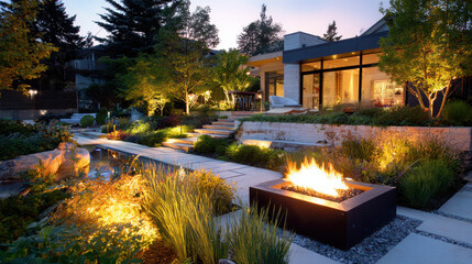 Fototapeta premium Modern garden landscape with glowing fire pit, stone pathways, and lush greenery, highlighting serene outdoor ambiance at dusk