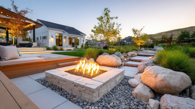 Modern backyard landscape design featuring a fire pit, stone pathway, and greenery at sunset