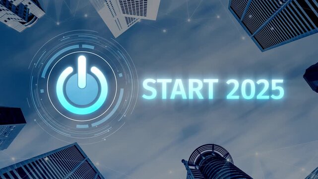 Start 2025 concept with futuristic power button symbolizing fresh beginnings, innovation, and digital transformation. Start 2025, new goals, and start 2025 initiative. Muxer