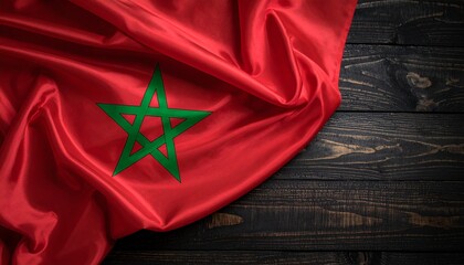 Morocco national flag with red field and green star on wood