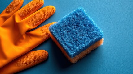 Cleaning tools are placed on a blue background while showing a bright orange glove next to a blue sponge that is used for scrubbing surfaces in homes