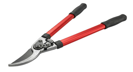 Heavy duty bypass loppers with red handles and black grips for gardening and pruning tasks