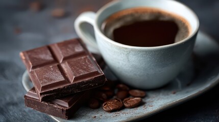 Dark chocolate and coffee on a plate with coffee beans and chocolate pieces in a cozy setting