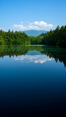 Fototapeta premium Serene Lake Reflecting Blue Sky and Green Forest with Distant Mountains reflection water