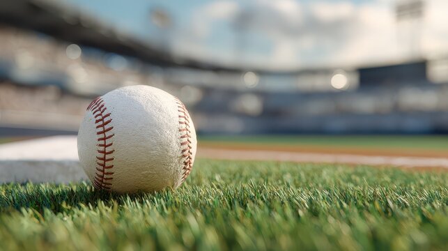 Baseball rests on the grass at a sports field during a sunny day with empty seating in the background