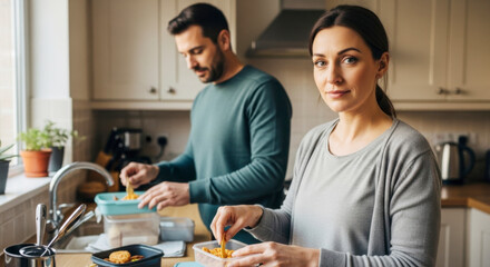 Fototapeta premium Working Mother Preparing Breakfast at home kitchen