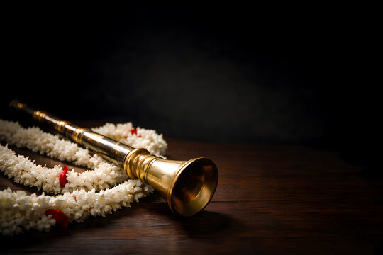 Traditional South Indian Nadaswaram Musical Instrument with Jasmine Garlands on Wooden Table - Moody Cultural Wedding and Carnatic Music Concept